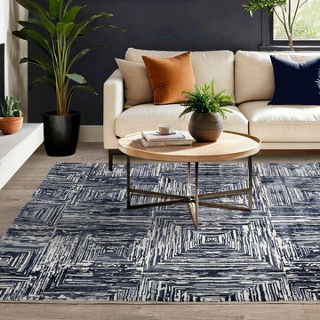 Kuza Portrait Modern Abstract Distressed Shimmer Hi-Lo Textured Soft Velvety Touch High-Density Durable Easy-Care Short Pile Navy Blue/Cream/Grey Rug-Asiatic Carpets-Rug Love - The Most Loved Rug Store